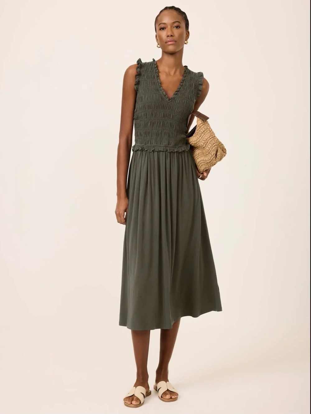 NWT Mint Velvet Khaki Shirred Ruffle Midi Dress Green M